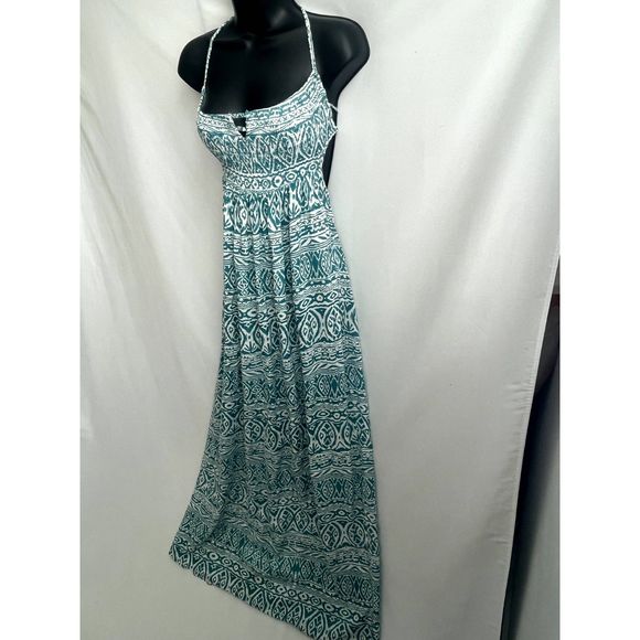 Boho Me NWT Maxi Woven Maxi Dress Teal White Smocked Top Open Back Size L - Picture 3 of 12